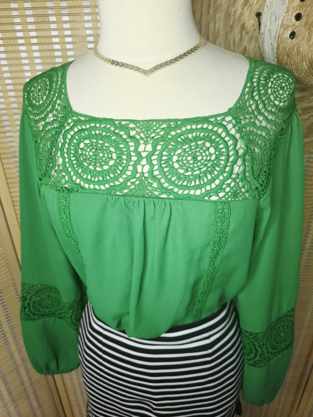 Emerald Green Lacey Long Poet Sleeve Blouse with Lace Details on the Shoulders